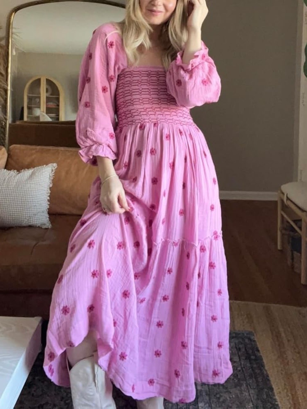 Boho Puff Sleeve Smocked Maxi Dress in Pink with Floral Embroidery